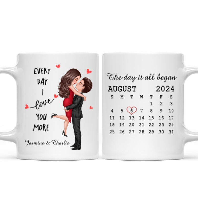 Everyday I Love You More Couple Hugging Kissing Calendar Keepsake  Gift Personalized Mug