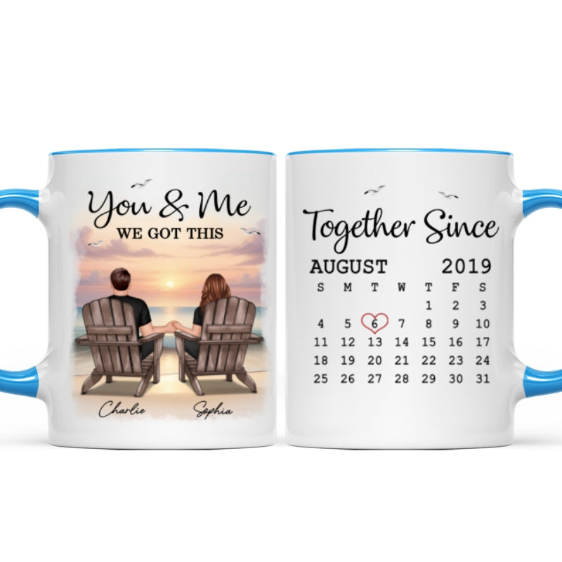 Eternal Sunset Beach Couple Back View Anniversary Calendar Personalized Mug,  Gift, Anniversary Gift For Him, For Her