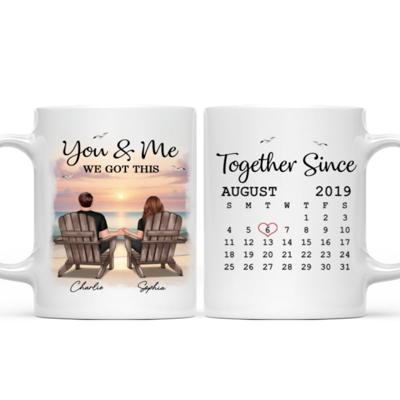 Eternal Sunset Beach Couple Back View Anniversary Calendar Personalized Mug,  Gift, Anniversary Gift For Him, For Her