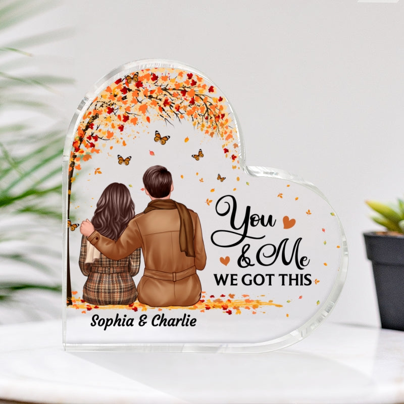 Embracing Fall Season Couple Sitting Under Tree Personalized Acrylic Heart Plaque